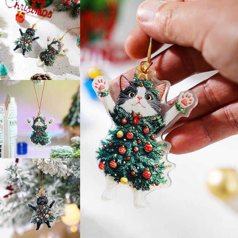 Cute Acrylic Christmas Cat Ornament – 8x6cm Festive Holiday Decoration, Fun Black Cat in Tree Design, Perfect for Pet Lovers & Gift Giving (Black + White) - Image 3